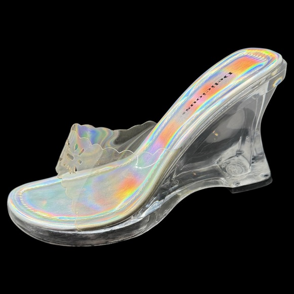 Delicious Shoes - Sz 8.5 90s/Y2K Clear Chunky Acrylic 4” Block Heels Holographic Open Toe Vintage